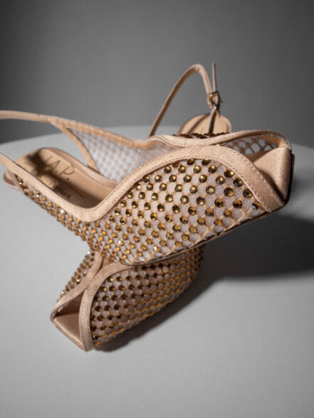 Peep-toe mesh slingbacks