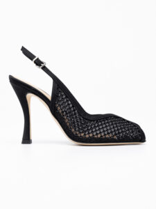 Mesh-crystal slingback pumps